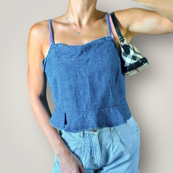 American Eagle Denim Ruffle Hem Cami Crop Top Smocked Back Y2K It-Girl Retro L - Picture 1 of 8